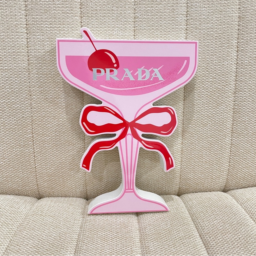 NEW Prada Pink Cocktail Glass Boutique Display Block Red Bow Cherry Decor